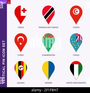 Vertical pin icon set, 9 country flag: Tonga, Trinidad and Tobago, Tunisia, Turkey, Turkmenistan, Tuvalu, Uganda, Ukraine, United Arab Emirates Stock Vector