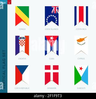 Nine vector vertical flag set. Vertical icon with flag of Congo, Cook Islands, Costa Rica, Croatia, Cuba, Cyprus, Czech Republic, Denmark, Djibouti Stock Vector