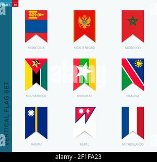 Nine vector vertical flag set. Vertical icon with flag of Mongolia, Montenegro, Morocco, Mozambique, Myanmar, Namibia, Nauru, Nepal, Netherlands Stock Vector