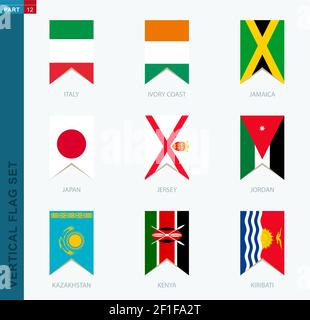 Nine vector vertical flag set. Vertical icon with flag of Italy, Ivory coast, Jamaica, Japan, Jersey, Jordan, Kazakhstan, Kenya, Kiribati Stock Vector