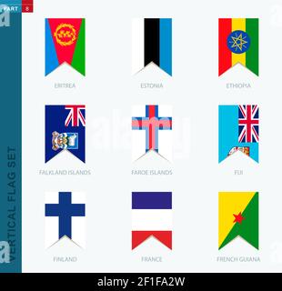 Nine vector vertical flag set. Vertical icon with flag of Eritrea, Estonia, Ethiopia, Falkland Islands, Faroe Islands, Fiji, Finland, France, French G Stock Vector