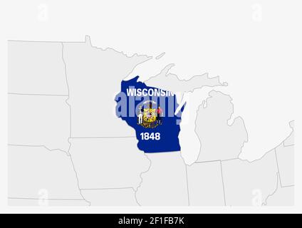 US state Wisconsin map highlighted in Wisconsin flag colors, gray map with neighboring usa states. Stock Vector