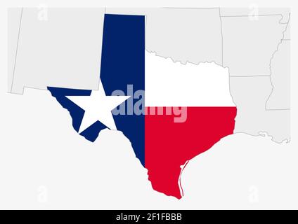 US state Texas map highlighted in Texas flag colors, gray map with neighboring usa states. Stock Vector
