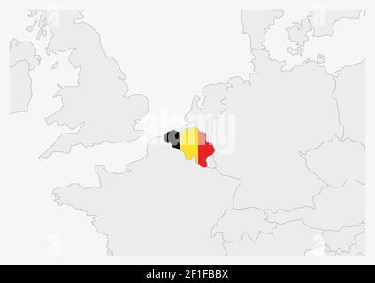 Belgium map highlighted in Belgium flag colors, gray map with neighboring countries. Stock Vector