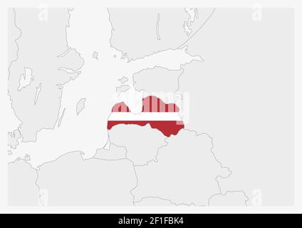 Latvia map highlighted in Latvia flag colors, gray map with neighboring countries. Stock Vector