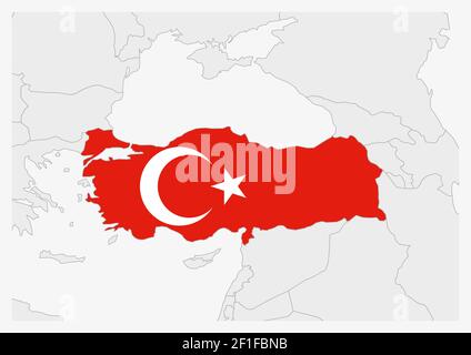 Turkey map highlighted in Turkey flag colors, gray map with neighboring countries. Stock Vector