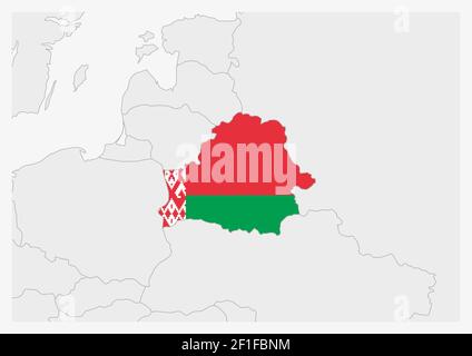 Belarus map highlighted in Belarus flag colors, gray map with neighboring countries. Stock Vector