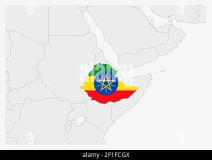 Ethiopia map highlighted in Ethiopia flag colors, gray map with neighboring countries. Stock Vector