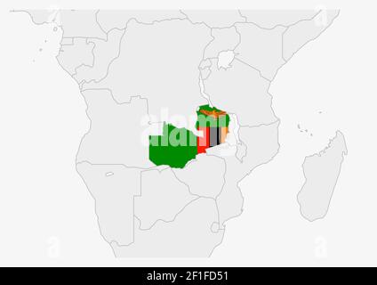 Zambia map highlighted in Zambia flag colors, gray map with neighboring countries. Stock Vector