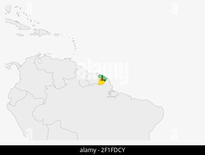 French Guiana map highlighted in French Guiana flag colors, gray map with neighboring countries. Stock Vector