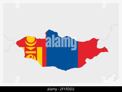 Mongolia map highlighted in Mongolia flag colors, gray map with neighboring countries. Stock Vector