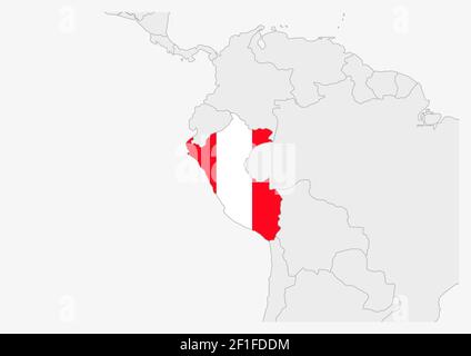 Peru map highlighted in Peru flag colors, gray map with neighboring countries. Stock Vector