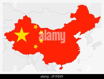 China map highlighted in China flag colors, gray map with neighboring countries. Stock Vector