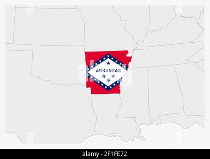 US State Arkansas map highlighted in Arkansas flag colors and pin of ...