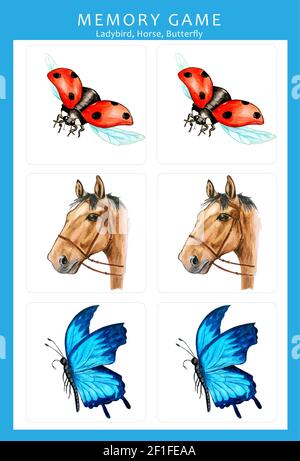 Memory game with hand drawn watercolor illustrations of animals. Children play cards table game. Cut and play, find two identical pictures. Set of car Stock Vector