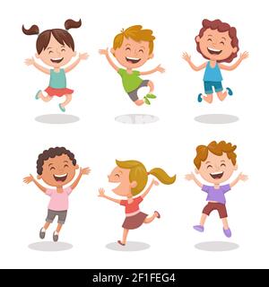 Happy multiracial kids joyfully jumping and laughing. Cartoon character design, isolated on white background. Set 3 of 3. Stock Vector