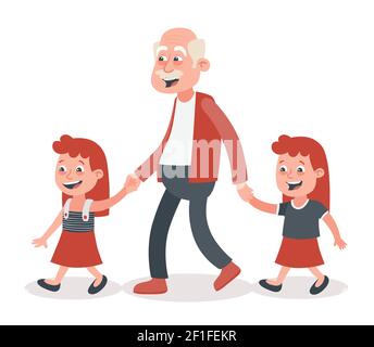Grandfather with his grandchildren walking. Two girls, twins. He takes them by the hand. Cartoon style, isolated on white background. Vector illustrat Stock Vector