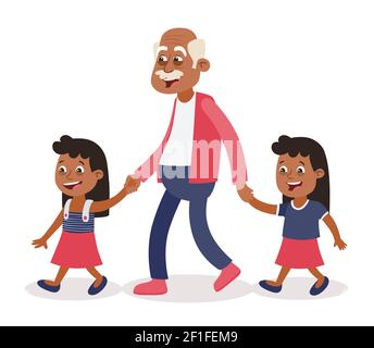 Grandfather With His Grandchildren Walking He Takes Them By The Hand Two Boys Twins Cartoon Style Isolated On White Background Vector Illustrati Stock Vector Image Art Alamy