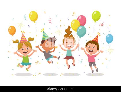 Happy kids celebrating a party with balloons, party hats and confetti. Happy birthday concept. Cartoon character design isolated on white background. Stock Vector