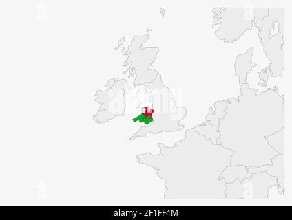 Wales map highlighted in Wales flag colors, gray map with neighboring countries. Stock Vector