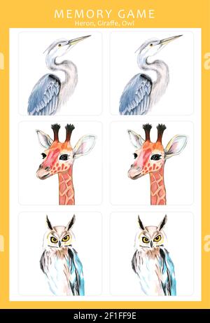 Memory game with hand drawn watercolor illustrations of colorful animals. Children play cards table game. Cut and play, find two identical pictures. Stock Vector