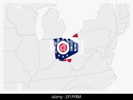 US state Ohio map highlighted in Ohio flag colors, gray map with neighboring usa states. Stock Vector