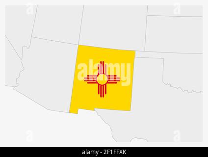 US state New Mexico map highlighted in New Mexico flag colors, gray map with neighboring usa states. Stock Vector