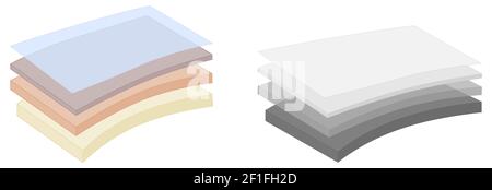 Simple four layers or fabric diagram. Various thickness, colors and gray version, top layer opaque, sheets are slightly bent Stock Vector