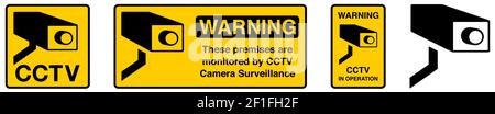 Yellow CCTV in operation sign, simple black surveillance camera drawing with text below Stock Vector