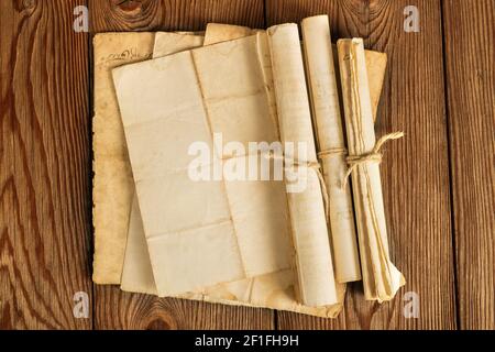 Old vintage sheets  on  wood Background. Stock Photo