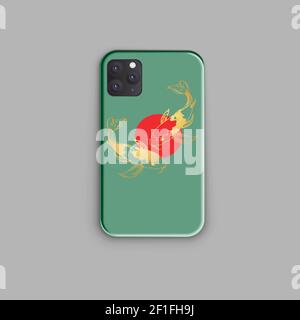 Vector print design for smartphone case. Gold Japanese carps and a red circle on a green background. Mock up smartphone. Trending design Stock Vector