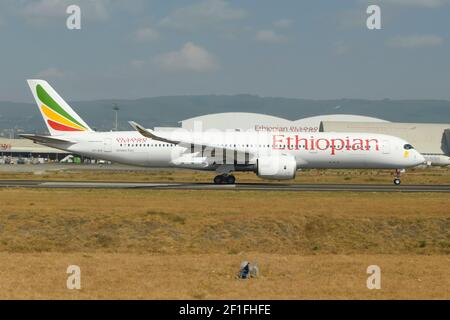 Ethiopian Airlines Airbus A350 aircraft at Addis Ababa Bole International Airport in Ethiopia, the hub of Ethiopian Air Lines. Airplane A350-900.