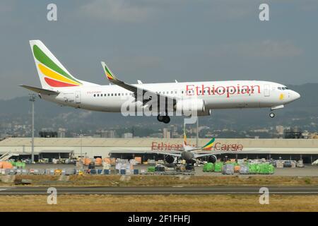Ethiopian Airlines Boeing 737 aircraft at Addis Ababa Bole International Airport in Ethiopia, the hub of Ethiopian Air Lines. Airplane ET-APF 737-800 Stock Photo