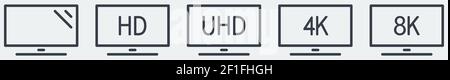 Set of simple display or movie resolution icons, line tv screen drawing with text inside Stock Vector