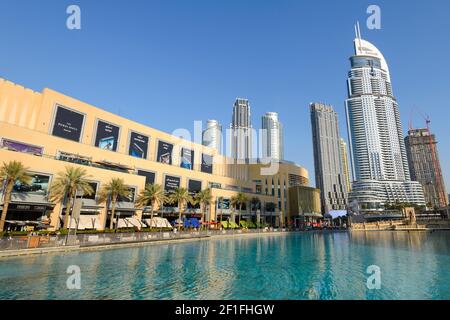 The Dubai Mall and Address Downtown Dubai Hotel, located United Arab Emirates. Exterior view of Emaar luxury Properties and Burj Khalifa Lake. Stock Photo