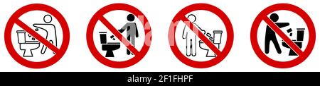 Do not throw or flush rubbish in toilet icon. Simple man silhouette throwing stuff into bowl, red crossed circle around Stock Vector