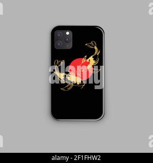 Vector print design for smartphone case. Golden Japanese carps and a red circle. Mock up smartphone. Trending design Stock Vector