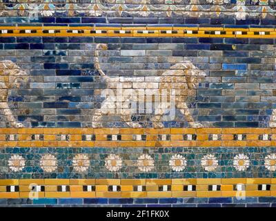 Enameled bricks of the great processional avenue of ancient Babylon lions Stock Photo