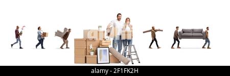Young couple with a pile of cardboard boxes packing for home removal and other people in the back carrying items isolated on white background Stock Photo