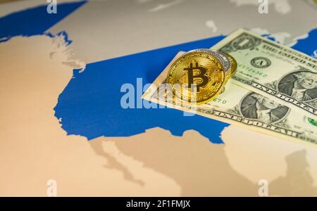 Bitcoin and padlock over US dollar and map Stock Photo