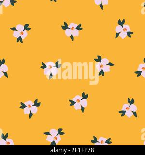 Seamless ditsy flower vector pattern. Delicate pink small scattered flowers on an orange yellow background. Cute romantic Folk art flowers for fabric Stock Vector