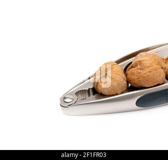 nutcracker and walnuts on white background Stock Photo