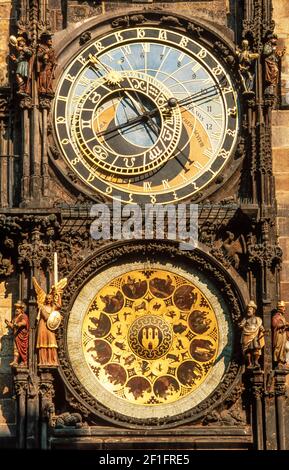 2002 Prague Czech Republic - Astronomical clock Prague Astronomical clock at the old town hall Staroměstská radnice old town square Prague Czech Republic Europe. The Prague Astronomical Clock or Prague Orloj is a medieval astronomical clock attached to the Old Town Hall in Prague, the capital of the Czech Republic.The clock was first installed in 1410, making it the third-oldest astronomical clock in the world and the oldest clock still operating Stock Photo