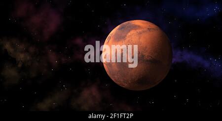 Mars, the red planet of the solar system in the colorful and starry sky . 3D render composition with copy space Stock Photo