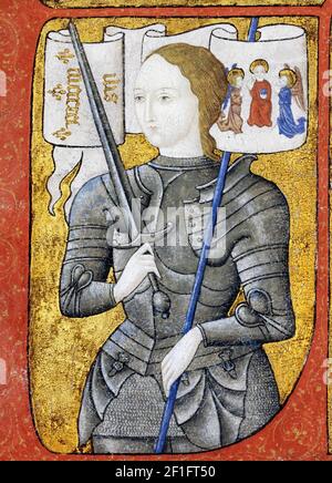 Joan of Arc. Illuminated manuscript, originally dated as 15th century, parchment and pigment Stock Photo