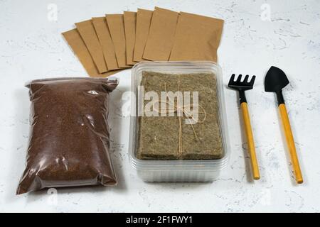 Set for planting seeds for growing microgreens. Coconut extract, molds, linen rugs, shoulder blades. View from above. Stock Photo