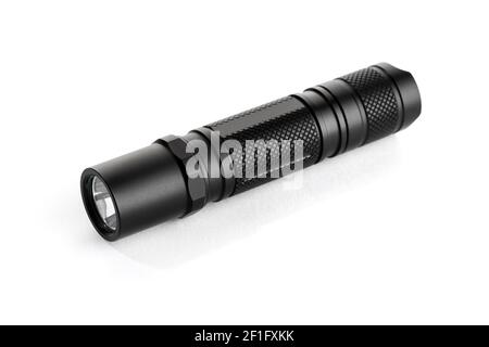 Modern aluminum Pocket Flashlight isolated on white background Stock Photo