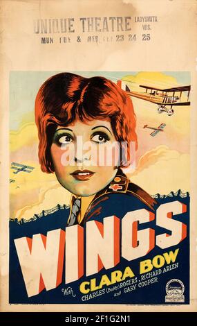 Wings is a 1927 and 1929 American silent film known for winning the first Academy Award for Best Picture. Feat. Gary Cooper and Clara Bow. Stock Photo