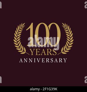 100 years old luxurious logo. Anniversary year of 100 th vector gold colored template framed of palms. Greetings ages celebrates. Celebrating traditio Stock Vector