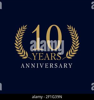 10 years old luxurious logo. Anniversary year of 10 th vector gold colored template framed of palms. Greetings ages celebrates. Celebrating laurel bra Stock Vector